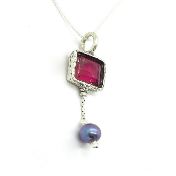 Necklace - Orange Zircon Silver Sterling White Pearl Necklace