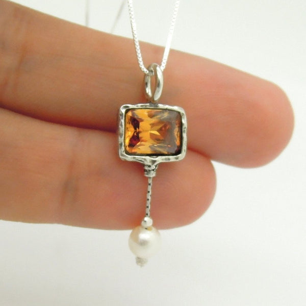 Necklace - Orange Zircon Silver Sterling White Pearl Necklace