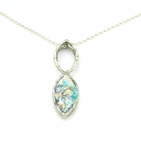 Necklace - Oval Shaped Silver Pendant With Roman Glass
