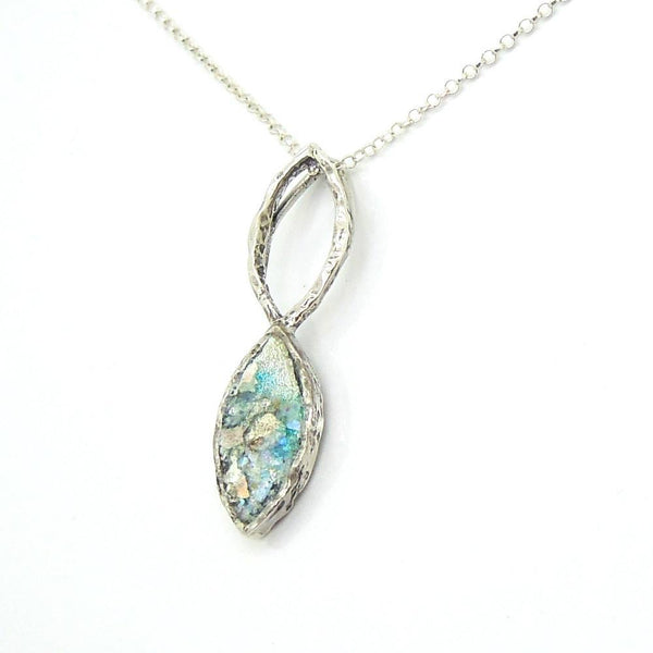 Necklace - Oval Shaped Silver Pendant With Roman Glass