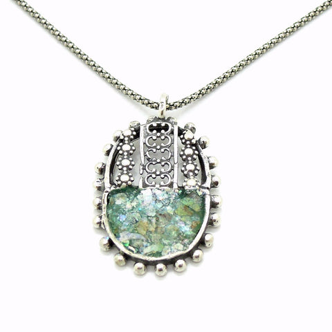 Necklace - Oval Silver Pendant Necklace With Sterling Metalwork And Roman Glass