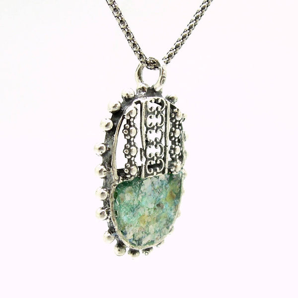 Necklace - Oval Silver Pendant Necklace With Sterling Metalwork And Roman Glass