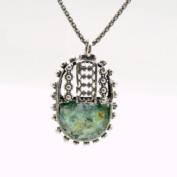 Necklace - Oval Silver Pendant Necklace With Sterling Metalwork And Roman Glass