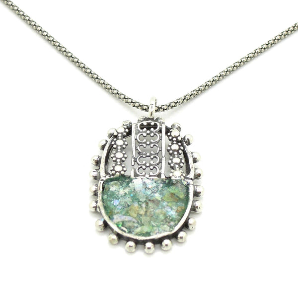 Necklace - Oval Silver Pendant Necklace With Sterling Metalwork And Roman Glass
