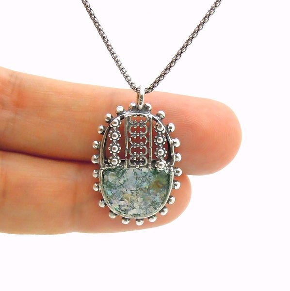Necklace - Oval Silver Pendant Necklace With Sterling Metalwork And Roman Glass