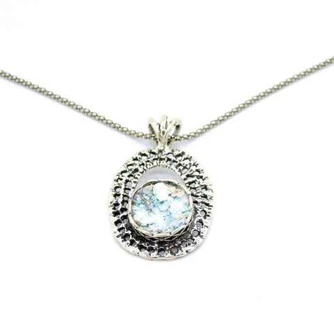 Necklace - Oval Sterling Silver Net Design Pendant With Roman Glass