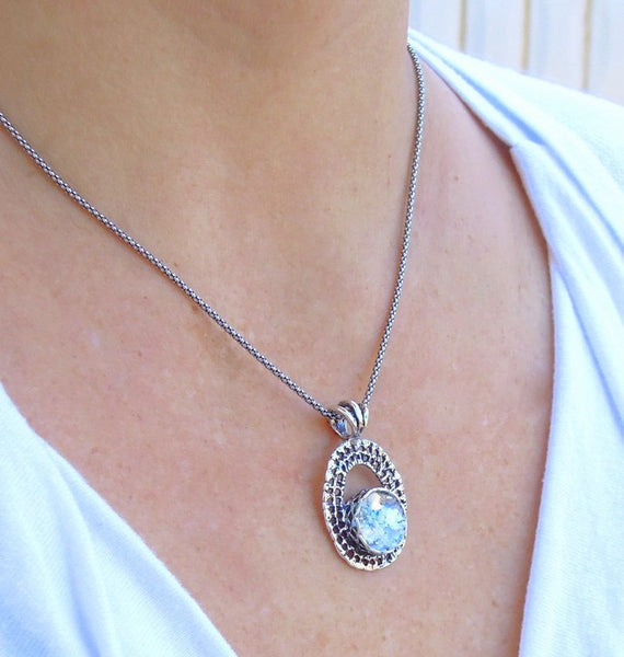 Necklace - Oval Sterling Silver Net Design Pendant With Roman Glass