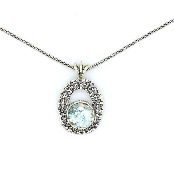 Necklace - Oval Sterling Silver Net Design Pendant With Roman Glass