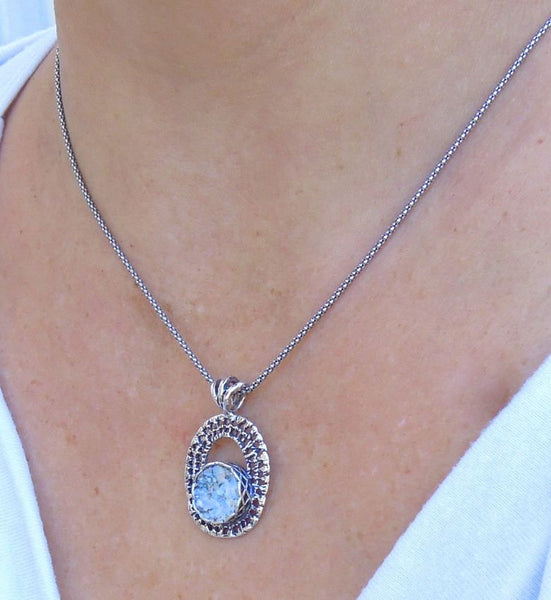 Necklace - Oval Sterling Silver Net Design Pendant With Roman Glass