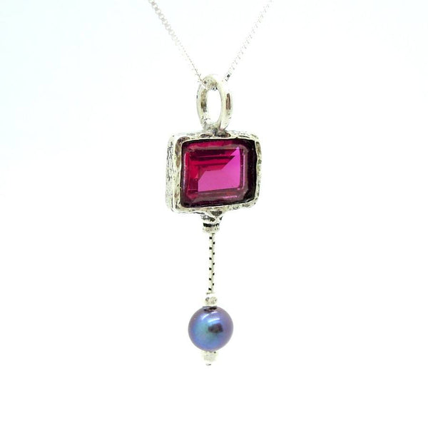 Necklace - Pink Zircon Silver Sterling Black Pearl Necklace