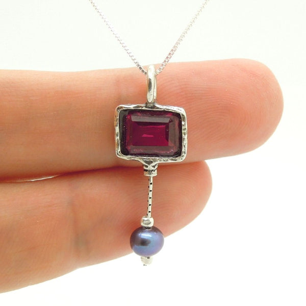 Necklace - Pink Zircon Silver Sterling Black Pearl Necklace