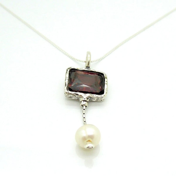 Necklace - Red Zircon Silver Sterling Pearl Necklace