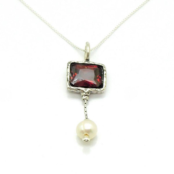 Necklace - Red Zircon Silver Sterling Pearl Necklace