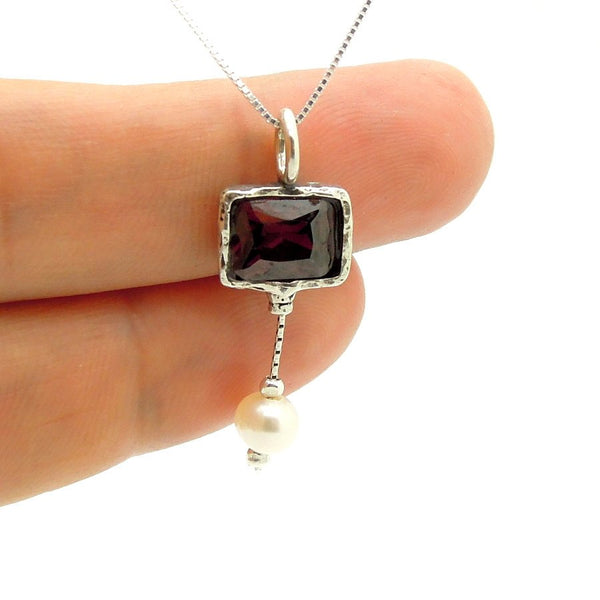 Necklace - Red Zircon Silver Sterling Pearl Necklace