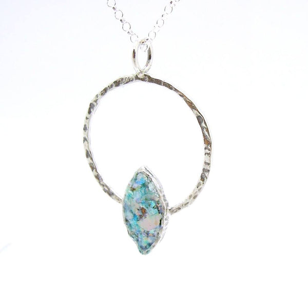 Necklace - Round Sterling Silver Pendant With Roman Glass