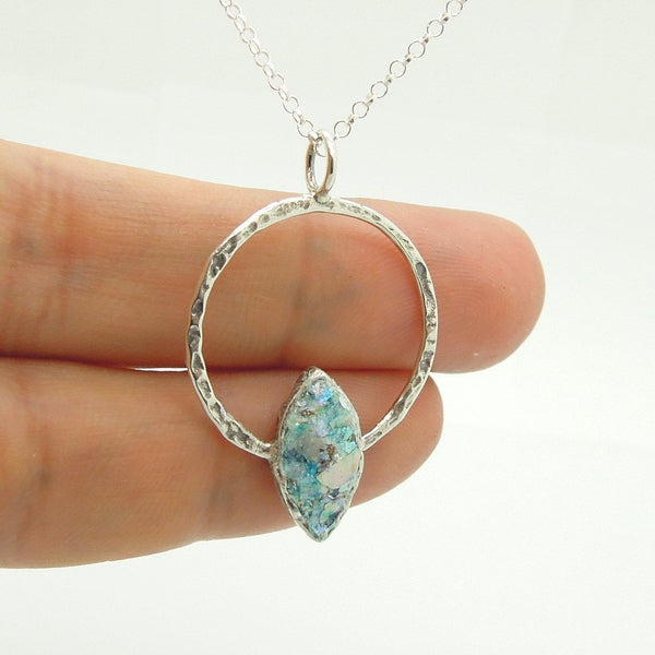Necklace - Round Sterling Silver Pendant With Roman Glass