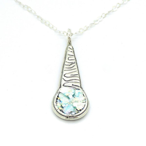 Necklace - Scroll Pattern Sterling Silver Pendant With Roman Glass