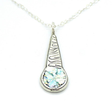 Necklace - Scroll Pattern Sterling Silver Pendant With Roman Glass