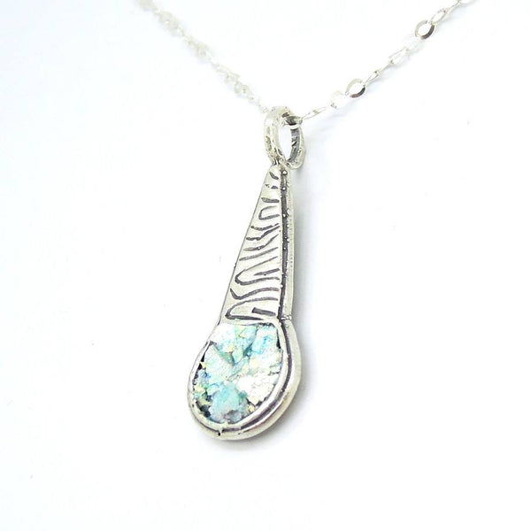 Necklace - Scroll Pattern Sterling Silver Pendant With Roman Glass