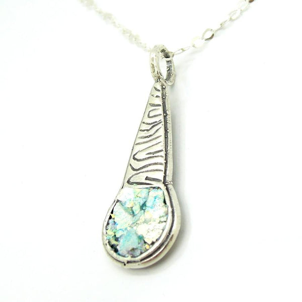 Necklace - Scroll Pattern Sterling Silver Pendant With Roman Glass