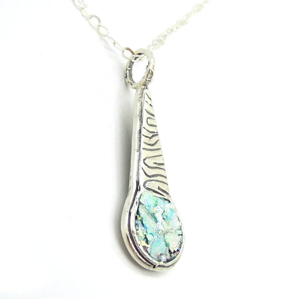 Necklace - Scroll Pattern Sterling Silver Pendant With Roman Glass