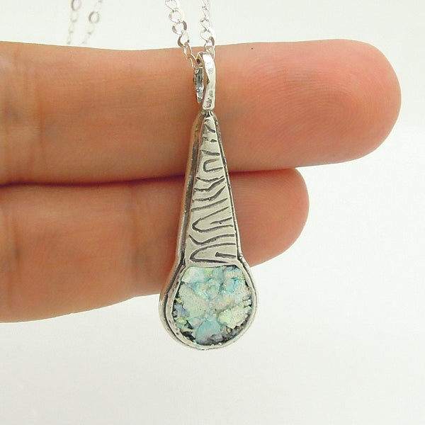 Necklace - Scroll Pattern Sterling Silver Pendant With Roman Glass