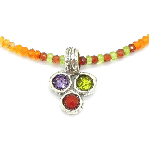 Necklace - Silver Gemstone Bead Necklace With Amethyst, Peridot & Carnelian