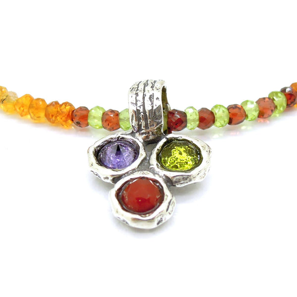 Necklace - Silver Gemstone Bead Necklace With Amethyst, Peridot & Carnelian