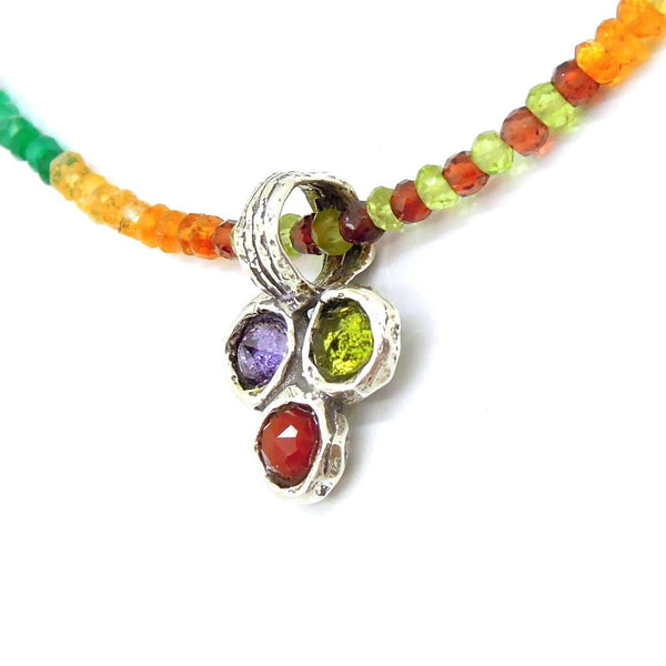 Necklace - Silver Gemstone Bead Necklace With Amethyst, Peridot & Carnelian