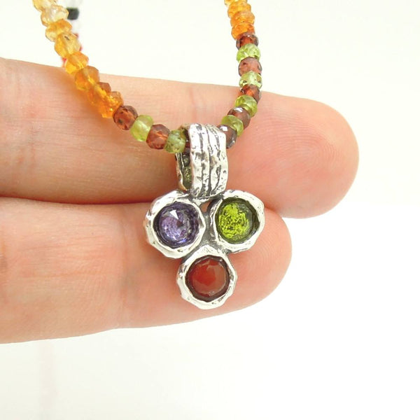 Necklace - Silver Gemstone Bead Necklace With Amethyst, Peridot & Carnelian