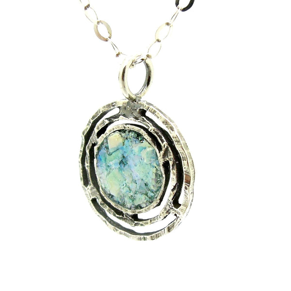 Necklace - Silver Necklace With Ancient Roman Glass, Round & Hammered