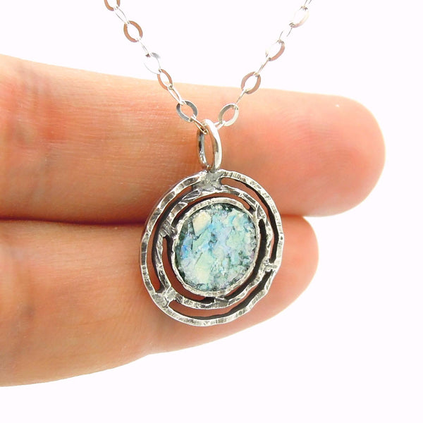 Necklace - Silver Necklace With Ancient Roman Glass, Round & Hammered