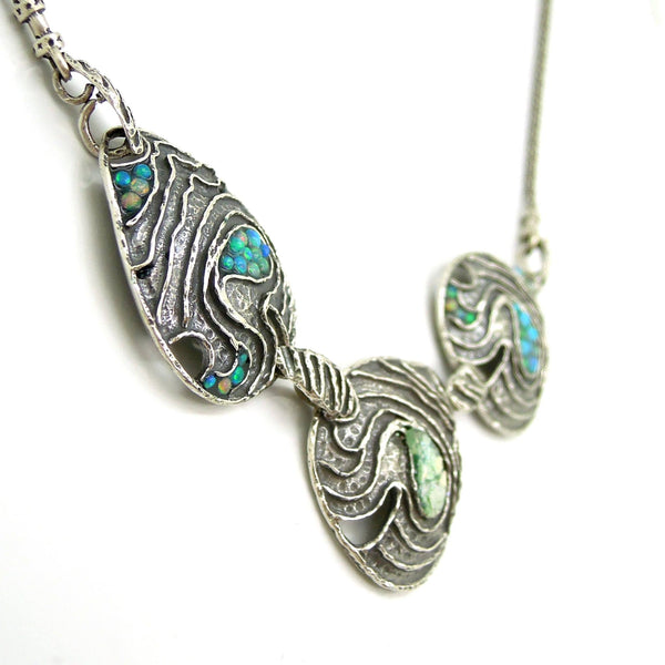 Necklace - Silver Necklace With Mosaic Opal Landscape Design