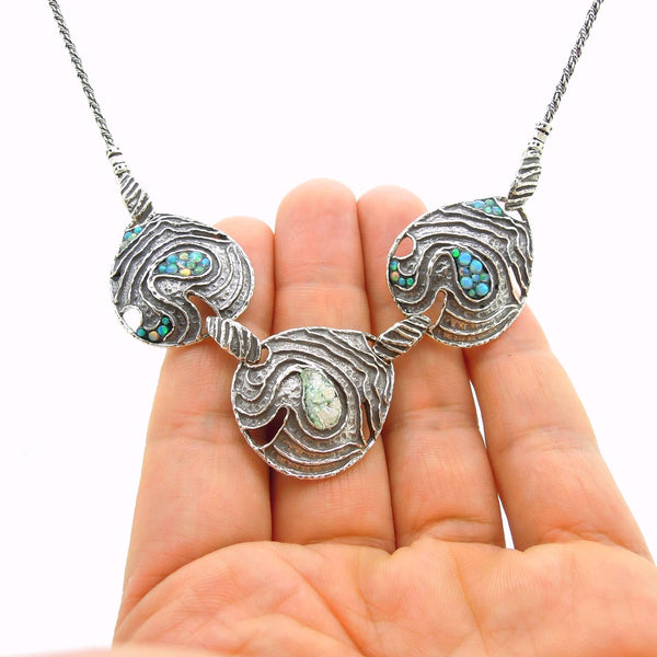 Necklace - Silver Necklace With Mosaic Opal Landscape Design