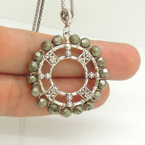 Necklace - Silver Necklace With Pyrite And Flower Designs
