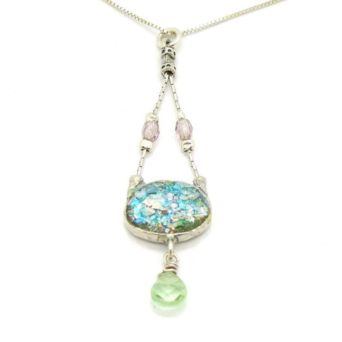 Necklace - Silver Necklace With Roman Glass & Peridot