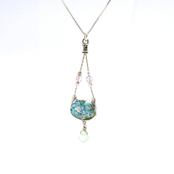 Necklace - Silver Necklace With Roman Glass & Peridot