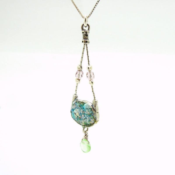 Necklace - Silver Necklace With Roman Glass & Peridot