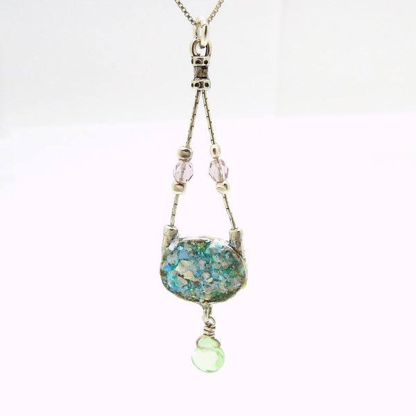 Necklace - Silver Necklace With Roman Glass & Peridot
