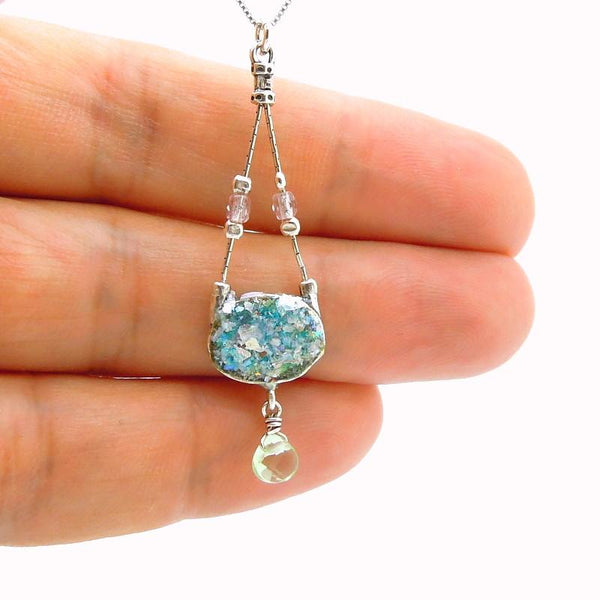 Necklace - Silver Necklace With Roman Glass & Peridot