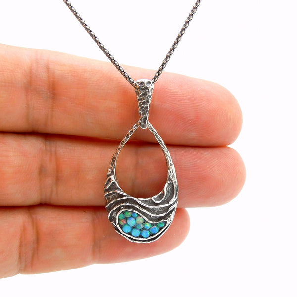 Necklace - Silver Pendant With Mosaic Opal Landscape Design