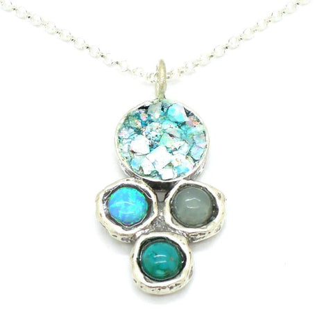Necklace - Silver & Roman Glass Necklace With Opal, Chalcedony And Turquoise