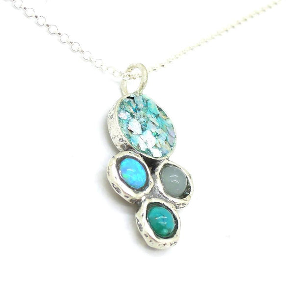 Necklace - Silver & Roman Glass Necklace With Opal, Chalcedony And Turquoise