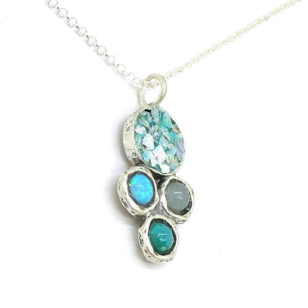 Necklace - Silver & Roman Glass Necklace With Opal, Chalcedony And Turquoise