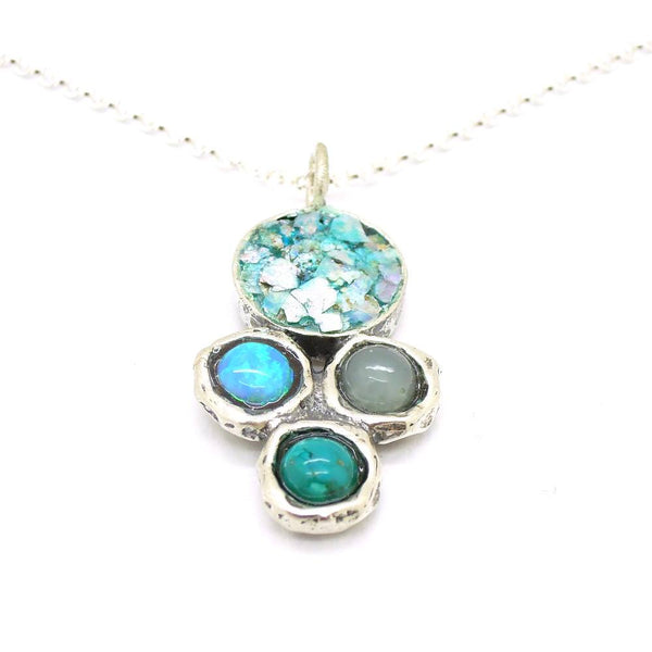 Necklace - Silver & Roman Glass Necklace With Opal, Chalcedony And Turquoise