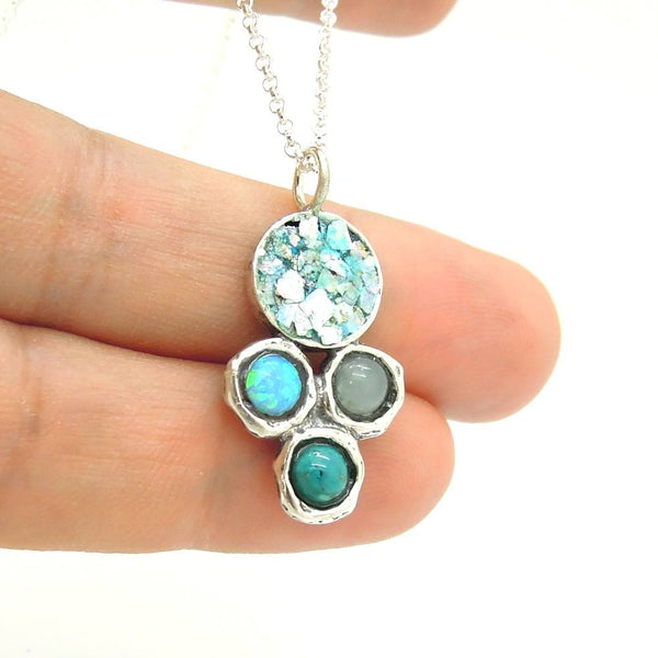 Necklace - Silver & Roman Glass Necklace With Opal, Chalcedony And Turquoise
