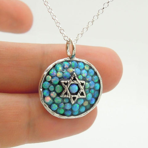Necklace - Silver Star Of David Pendant With Mosaic Opal Stones