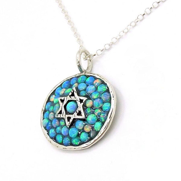 Necklace - Silver Star Of David Pendant With Mosaic Opal Stones