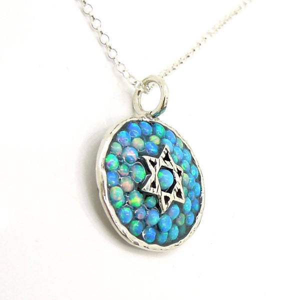 Necklace - Silver Star Of David Pendant With Mosaic Opal Stones