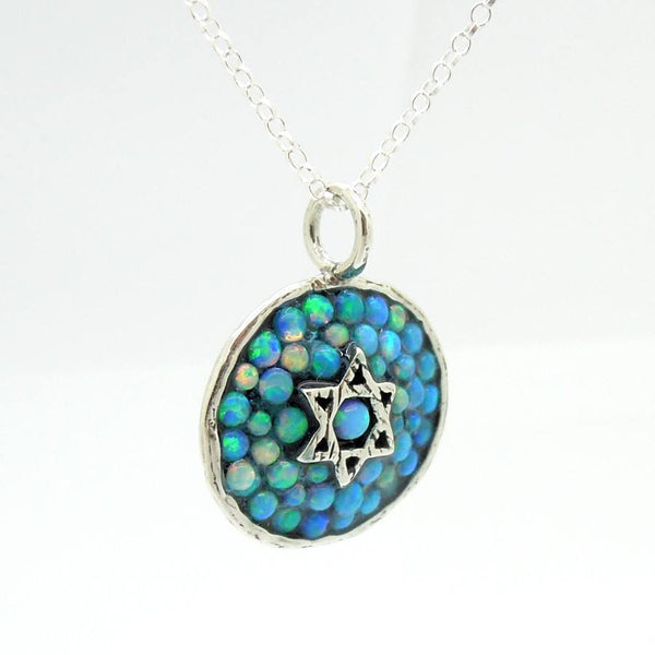 Necklace - Silver Star Of David Pendant With Mosaic Opal Stones